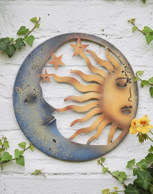 Digital Illustration of the Sun and Moon Garden Wall Art Mounted on White Brick Building