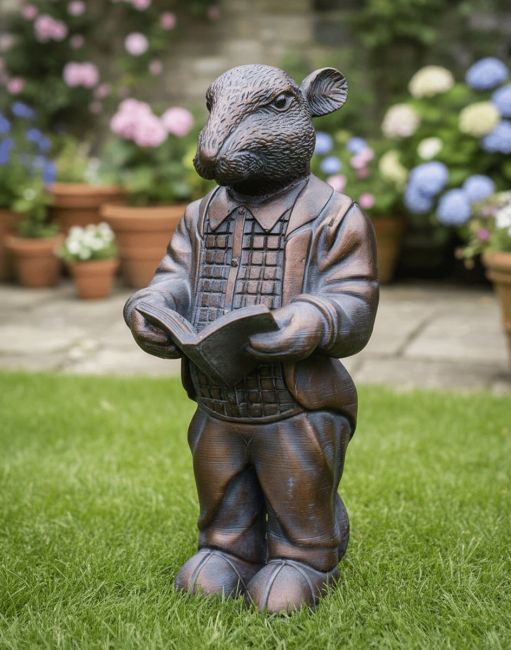 Digital Illustration of the "The Hearthland Scholar" Resin Rat Garden Sculpture on a Garden lawn with Plant Pots Behind