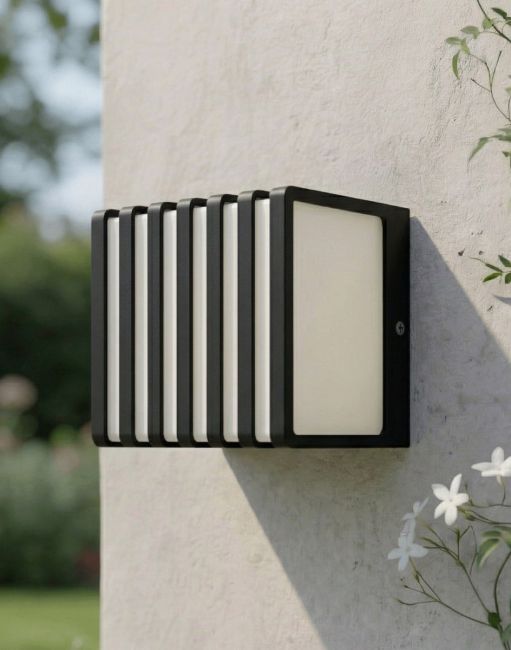 Digital Illustration of the "Tilstone" Garden Wall Light with Aluminium Grill Detailing Mounted on a White Sunny Garden Wall with White Flowers in the Foreground