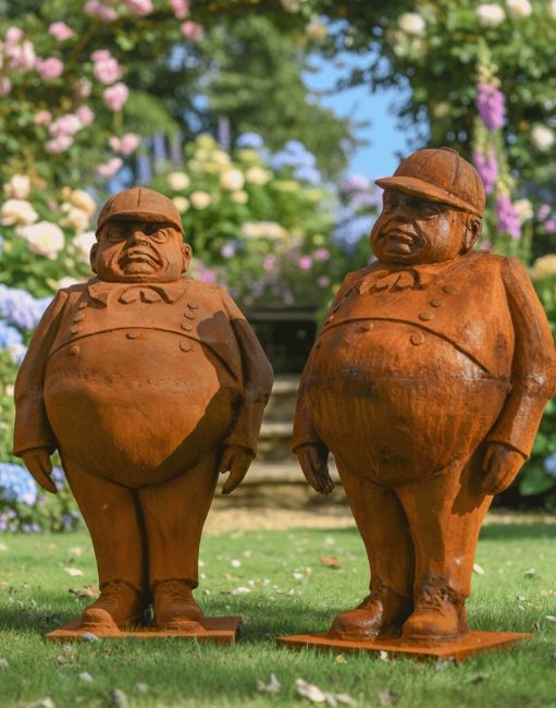 Digital Illustration of the Tweedledee and Tweedledum Sculptures on a Garden Lawn with Steps in the Background