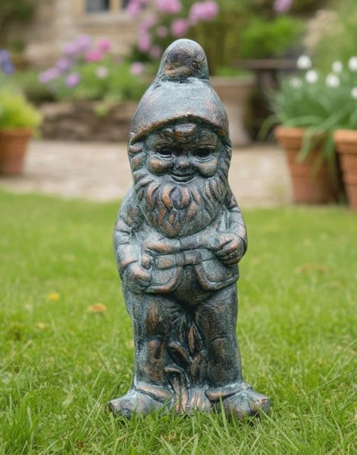 Digital Illustration of the Vedigris Version of ‘Podge’ the Small Garden Gnome in Cast Aluminium Positioned in a Cottage Garden