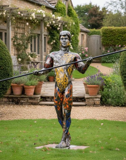 Digital Illustration of the ‘Vertigo’ the Tightrope Walker Upcycled Oil Drum Garden Sculpture Positioned on a Garden Lawn with a Contemporary Cottage Garden Scene Behind Digital Illustration of the ‘Vertigo’ the Tightrope Walker Upcycled Oil Drum Garden Sculpture Positioned on a Garden Lawn with a Contemporary Cottage Garden Scene Behind