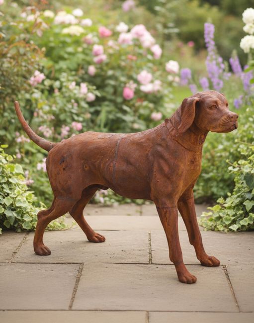 Digital Illustration of “Tucker” Cast Iron Dog Garden Statue on an Ivy Covered Patio 