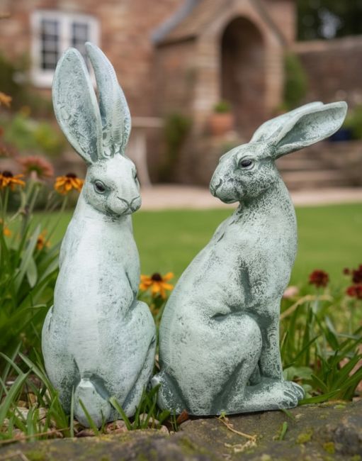 Digital illustration of Verdant Watchers Pair of Sitting Rabbit Garden Sculpture Cast Aluminium