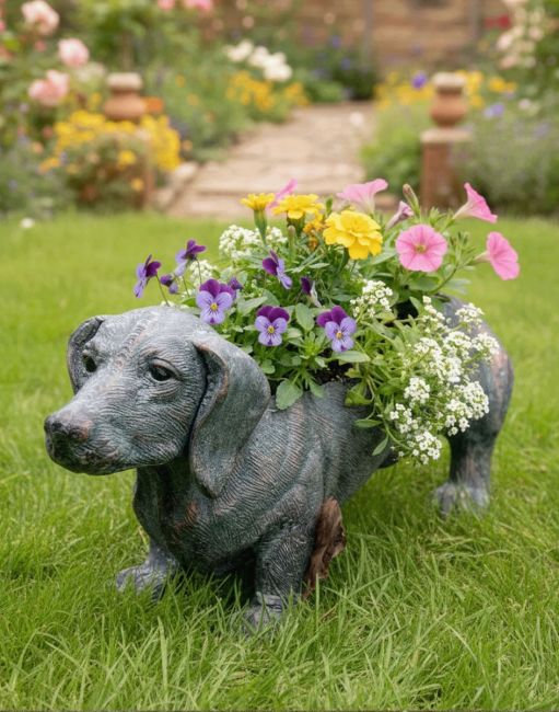 "Digby" the Sausage Dog Cast Aluminium Planter - Verdigris with flowers coming out the top