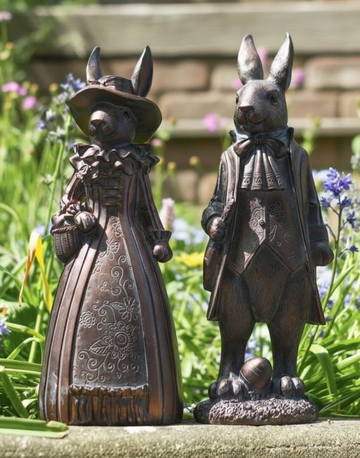 Victorian Rabbit Couple Garden Statues in Situ in the Garden 