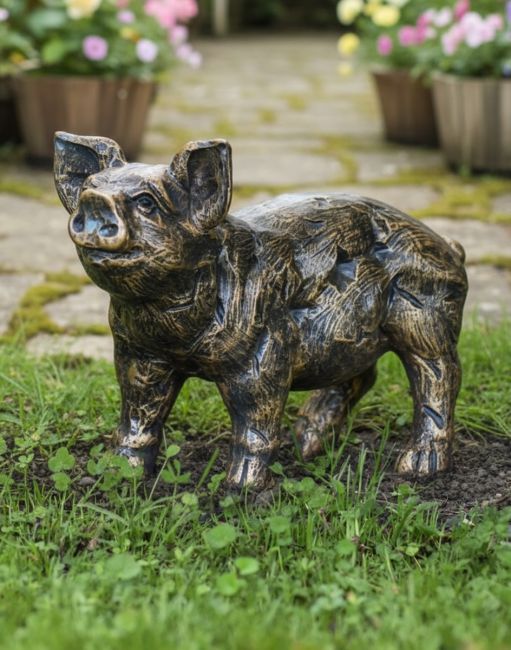 Digital illustration of a "Wilbur" the Piglet Garden Sculpture in front of a garden patio