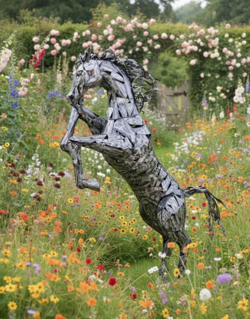 Digital illustration of “Wild Stallion” Silver Metal Horse Sculpture placed in a wildflower garden