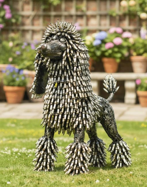 Digital Illustration of "Ziggy" the Poodle in a Garden Surrounded by Plant Pots