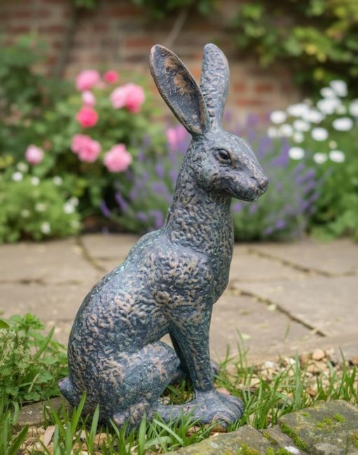 Digital Illustration of a Verdigris "Briar" the Hare Cast Aluminium Garden Sculpture on a Garden Path