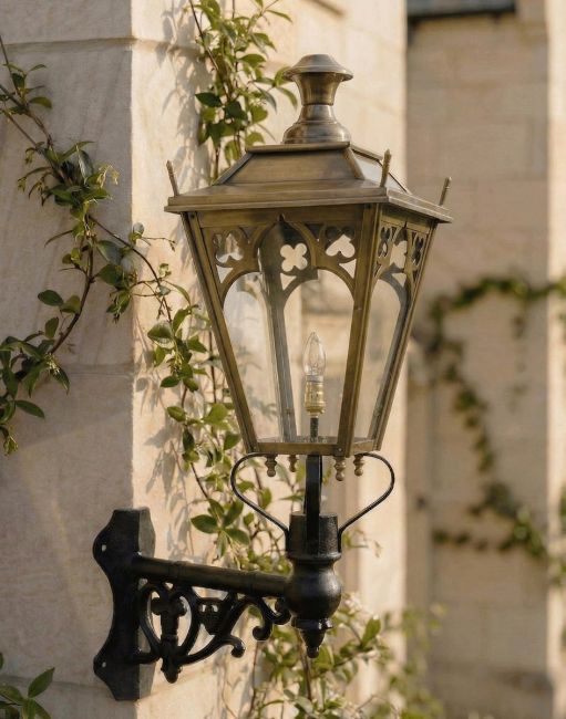 Digital Illustration of the 102 x 54cm Brass Gothic Wall Lantern on a Corner Bracket Mounted on a Traditional Sandstone Garden Wall 