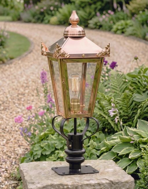 Digital Ilustration of the 83cm Copper Victorian Pillar Light and Lantern Set Mounted on a Stone Garden Wall Pillar
