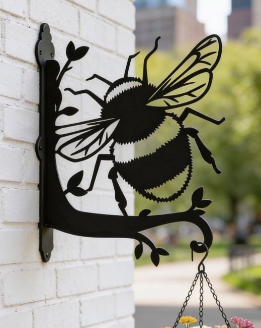 Digital Illustration of the Bumblebee Hanging Basket Bracket Mounted on a White Brick Wall