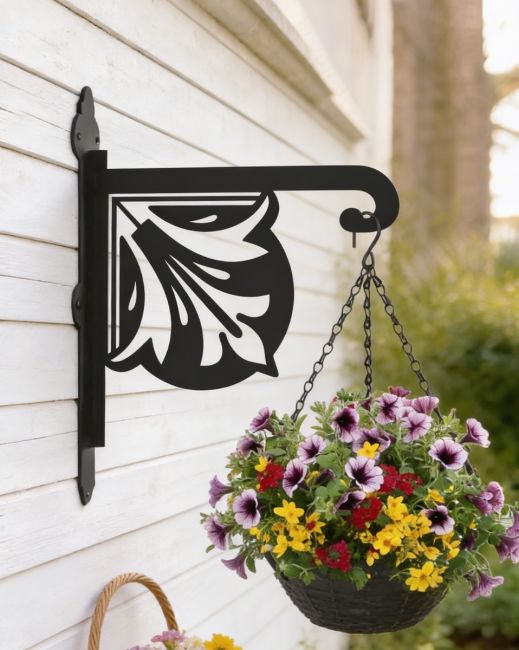 Digital representation of Retro Heavy Duty Iron Hanging Basket Bracket mounted on side of a shed