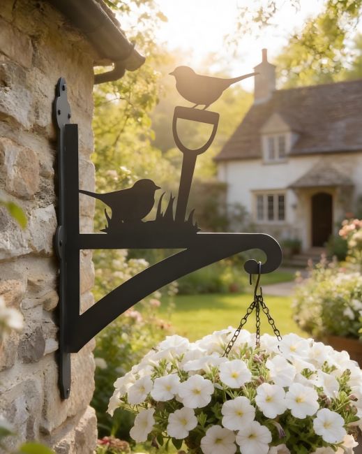 Digital representation of Robin Steel Hanging Basket Bracket mounted on a village cottage
