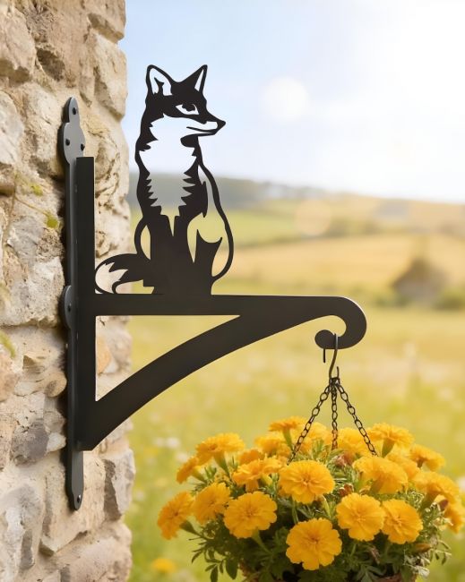 Digital Illustration of the Sitting Fox Iron Hanging Basket Bracket Mounted on a Farm Cottage