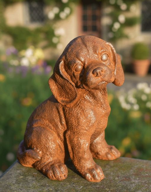Rustic "Adorable Sitting Dog" Garden Sculpture