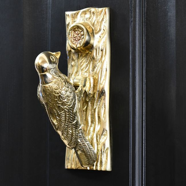 Polsihed Brass Woodpecker door knocker on Black door Polsihed Brass Woodpecker door knocker on Black door