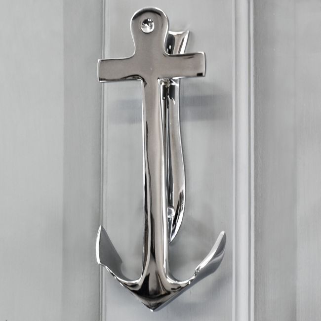 Bright Chrome Anchor door knocker on Grey door