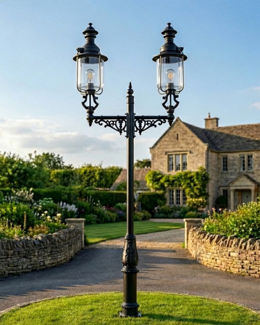 Double Head Belgravia Lamp Post with Flower Basket in a Black Finish