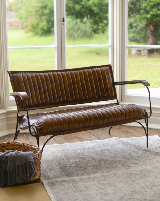 Traditional Brown Leather and Iron Two Seater Chair Traditional Brown Leather and Iron Two Seater Chair