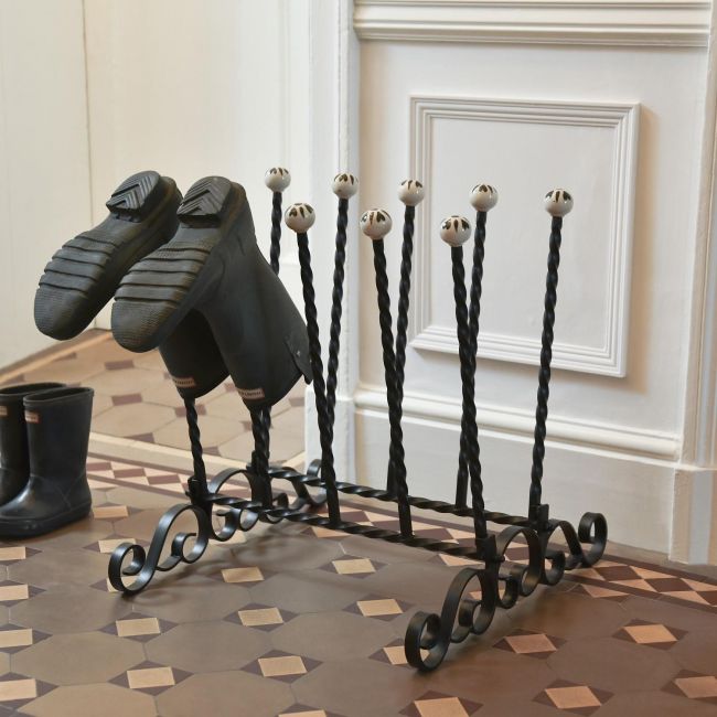 "Athleshaw" Black 5 Pair Boot and Welly Rack in Situ in the Home "Athleshaw" Black 5 Pair Boot and Welly Rack in Situ in the Home