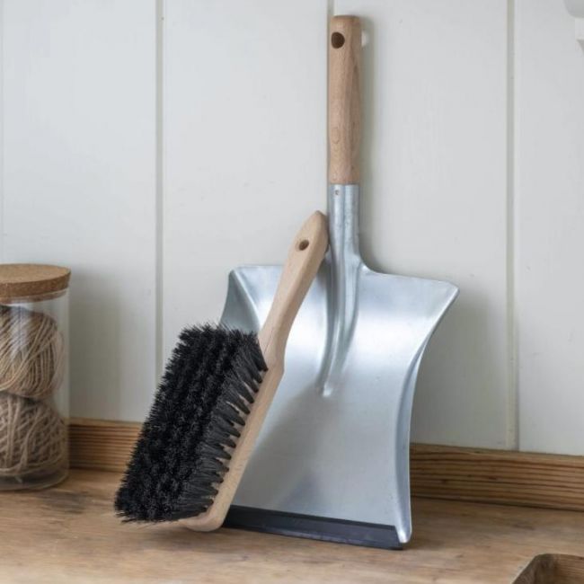 Galvanised Steel & Wood Dustpan with Brush