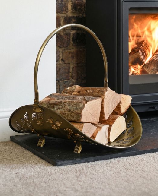 Antique Brass Curved Log Rack & Holder With Handle Antique Brass Curved Log Rack & Holder With Handle