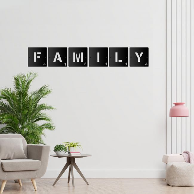 "FAMILY" Black Scrabble Square Letters in the Living Room "FAMILY" Black Scrabble Square Letters in the Living Room