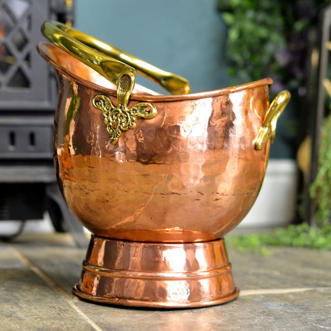Traditional Coal Bucket Finished in a Copper and Brass Finish Traditional Coal Bucket Finished in a Copper and Brass Finish
