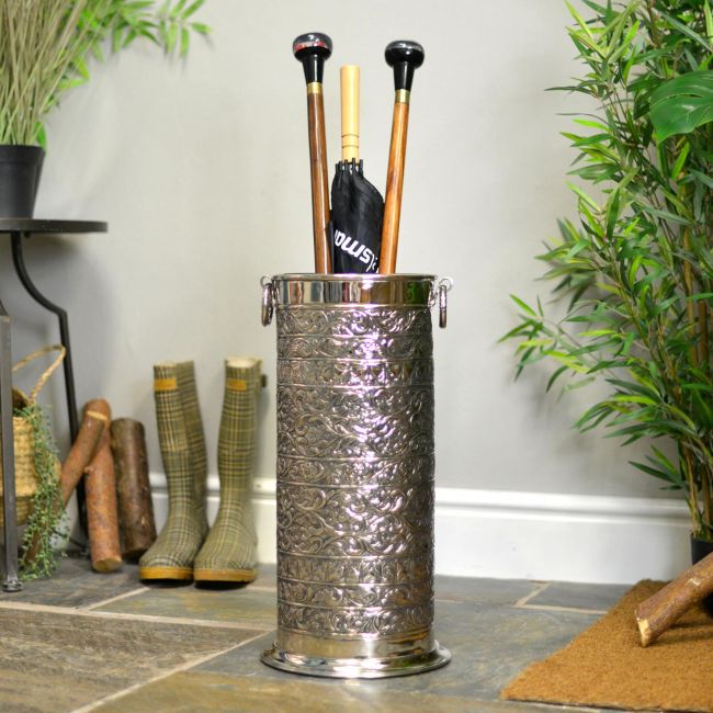 "Rosecroft Manor" Antique Nickle Ornate Umbrella Stand in Situ