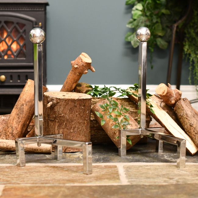 Bright chrome stainless steel fire dogs