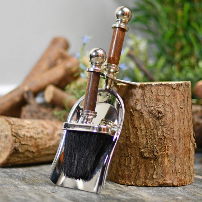 Fireplace cleaning set, finished in chrome & hardwood Fireplace cleaning set, finished in chrome & hardwood