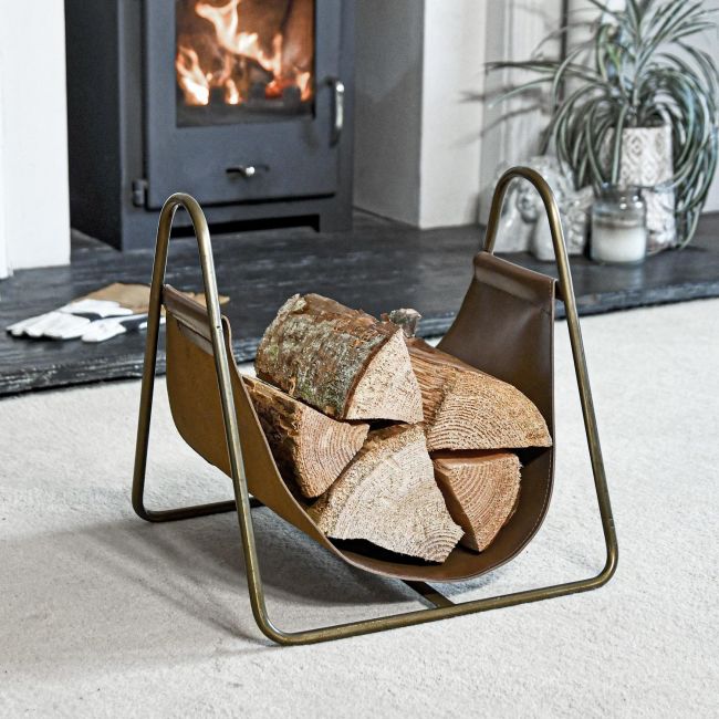 Bronze Steel & Brown Leather Log Holder in Living Room  Bronze Steel & Brown Leather Log Holder in Living Room