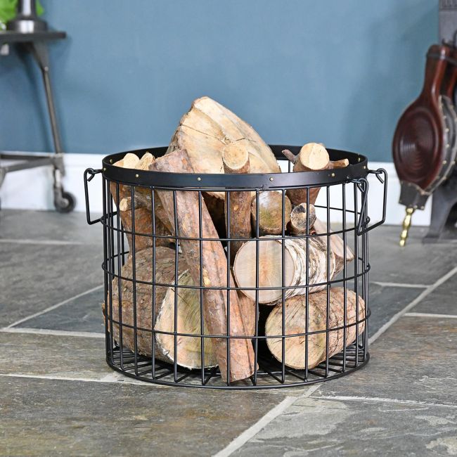 Large Black Wirework Fireside Log Basket In Living Room Setting Large Black Wirework Fireside Log Basket In Living Room Setting