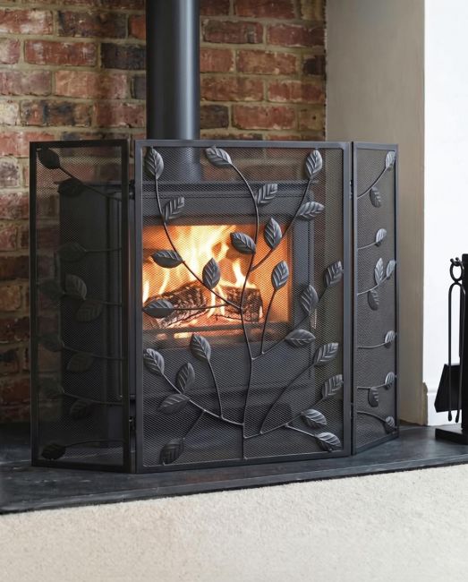 Black Rectangular Three Fold Fire Guard with Leaf Pattern Black Rectangular Three Fold Fire Guard with Leaf Pattern