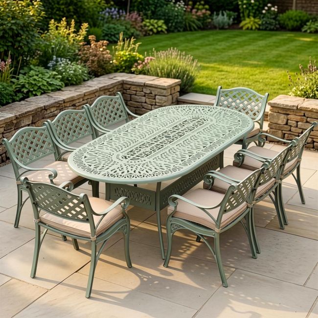The "Greenleigh" 8-Seater Outdoor Dining Set - Sage Green Digital Illustration The "Greenleigh" 8-Seater Outdoor Dining Set - Sage Green Digital Illustration