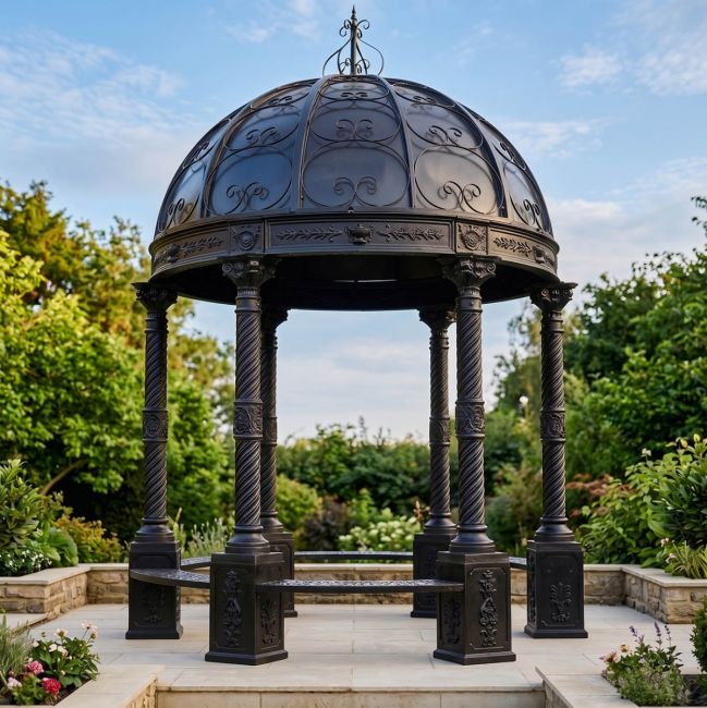 "Lady Christina" Deluxe Scrollwork Wrought Iron Gazebo Powder Coated in Midnight Black "Lady Christina" Deluxe Scrollwork Wrought Iron Gazebo Powder Coated in Midnight Black