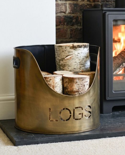 "LOGS" Log & Kindling Holder In Antique Brushed Gold Holding Logs