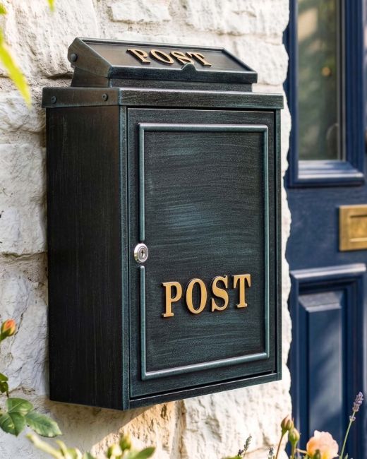 The Antique Green "Oxford" Wall Mounted Post Box with Gold Detail Shown Mounted on a White Brick Wall - Digital Illustration