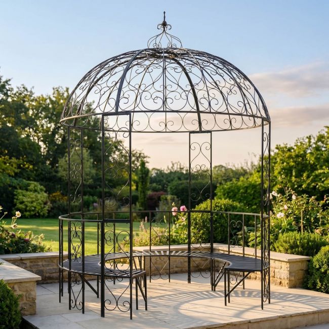 "Kensington" Domed Wrought Iron Gazebo in a Midnight Black Finish