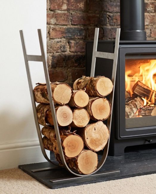Minimalistic Antique Pewter Log Rack & Holder in Situ Minimalistic Antique Pewter Log Rack & Holder in Situ