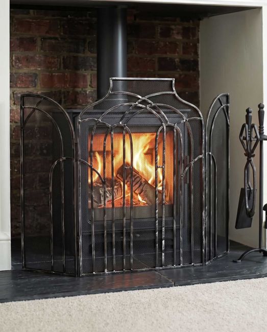 Antique Silver Arched Three Fold Fire Guard in SItu Antique Silver Arched Three Fold Fire Guard in SItu
