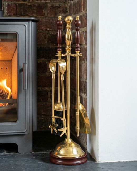 Polished Brass and wood fire tool set Polished Brass and wood fire tool set