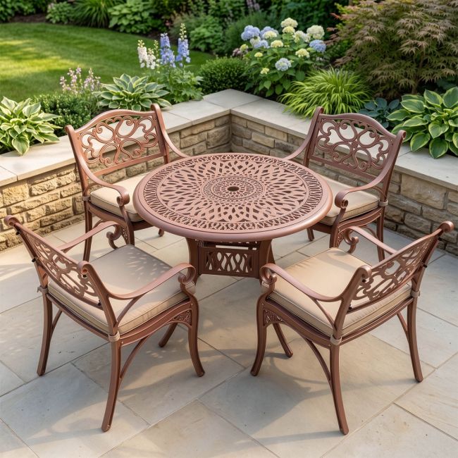 The “Rose Filigree” Deluxe 4-Seater Outdoor Dining Set - Terracotta Digital illustration The “Rose Filigree” Deluxe 4-Seater Outdoor Dining Set - Terracotta Digital illustration