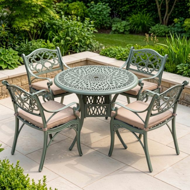 The “Hydrangea” Deluxe 4-Seater Outdoor Dining Set - Sage Green Digital Illustration The “Hydrangea” Deluxe 4-Seater Outdoor Dining Set - Sage Green Digital Illustration