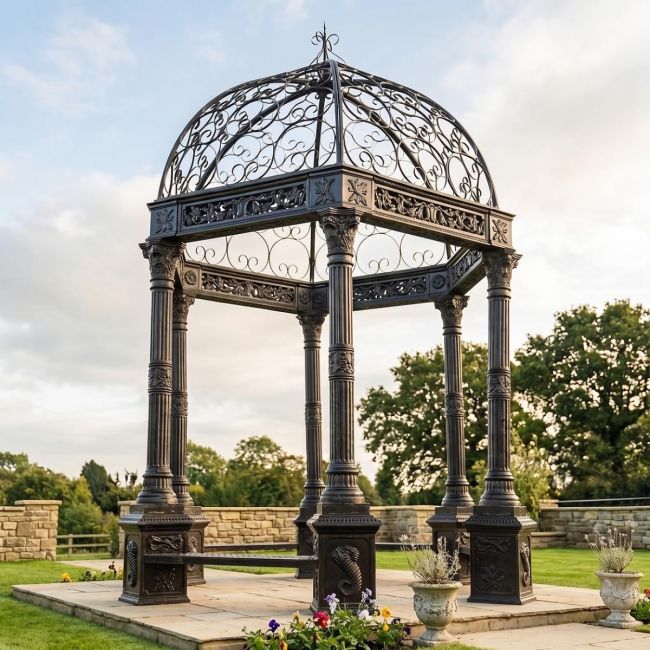 Ornate Wrought Iron "Somerford" Garden Gazebo - Midnight Black Ornate Wrought Iron "Somerford" Garden Gazebo - Midnight Black