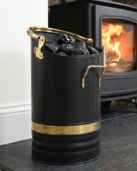 The Contemporary Black Coal Hod With Brass Handles in Front of a Sleek Black Fireplace - Digital Illustration 
