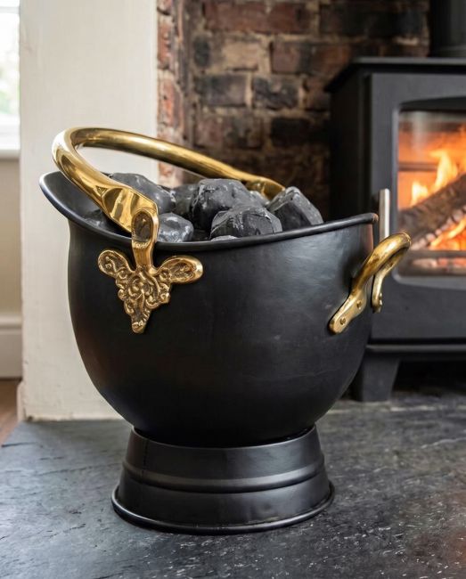 The 41cm "Countess" Coal Bucket Displayed in Front of a Black Log Burner Stove - Digital Illustration