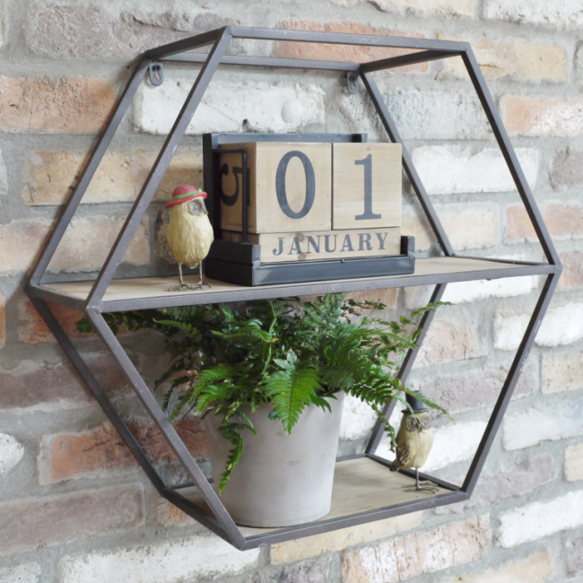 Geometric Iron & Wood Shelf in Situ Mounted on a Brick Wall Geometric Iron & Wood Shelf in Situ Mounted on a Brick Wall